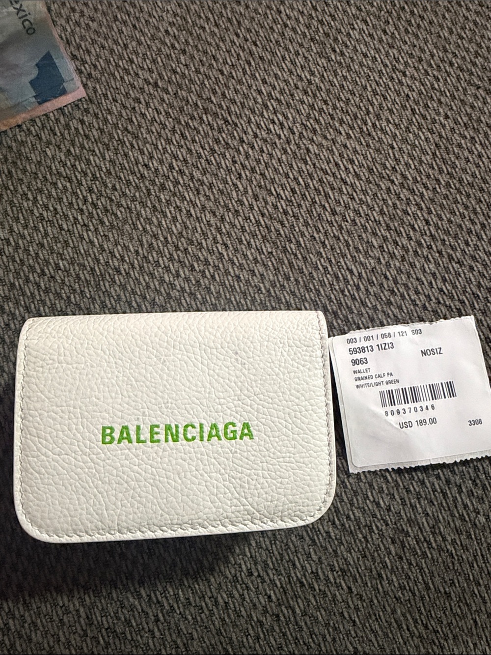Balenciaga White Pebbled Leather Card Holder with Bright Green Logo